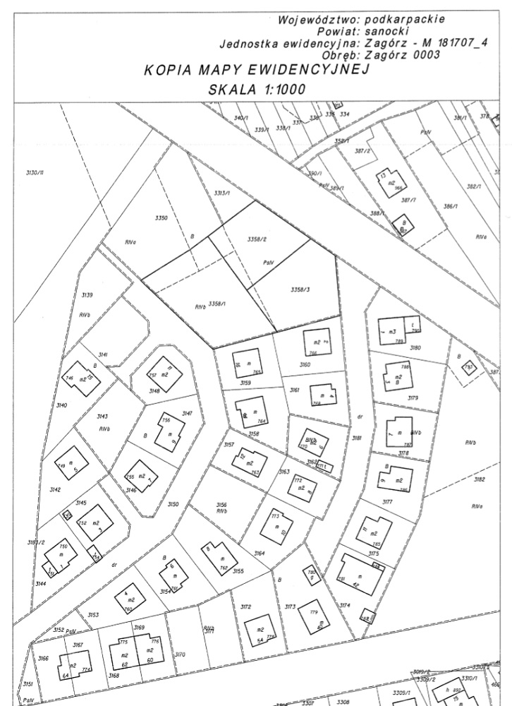 Plan ewidencyjny Zag&oacute;rza w wojew&oacute;dztwie podkarpackim, powiat sanocki, w skali 1:1000. Kopia mapy ewidencyjnej.